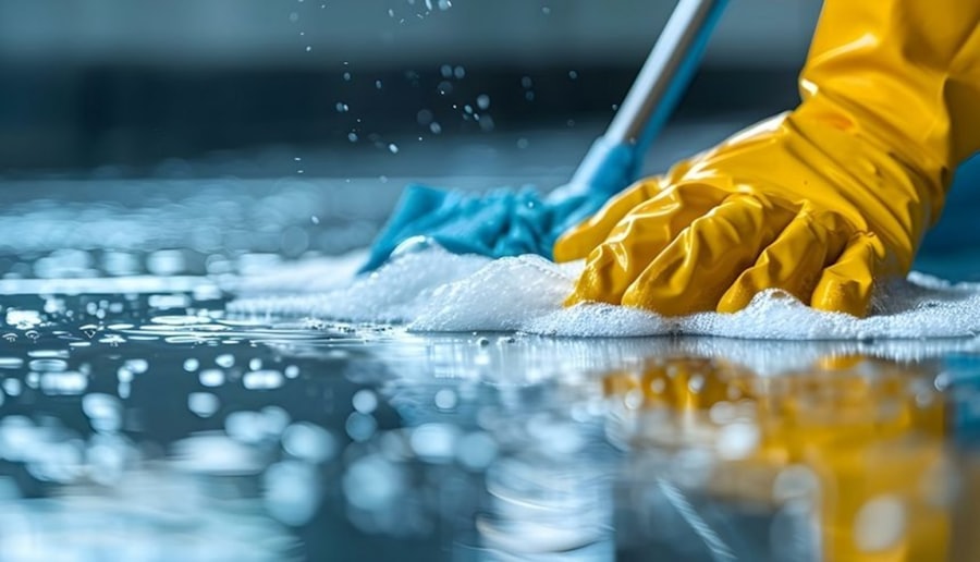 Manos con guantes fregando una superficie con agua, tratamiento de manchas en Concón